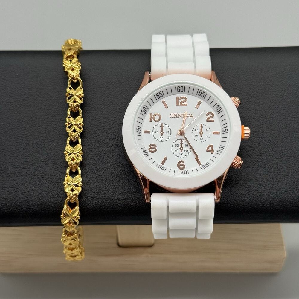 Geneva Women's Watch & Bracelet Set Rose Gold Case White Silicone Band Quartz